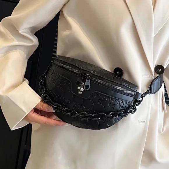 Women’s Black Skeleton Embossed Faux Leather Crossbody Bag with Chain NWT - Picture 2 of 5